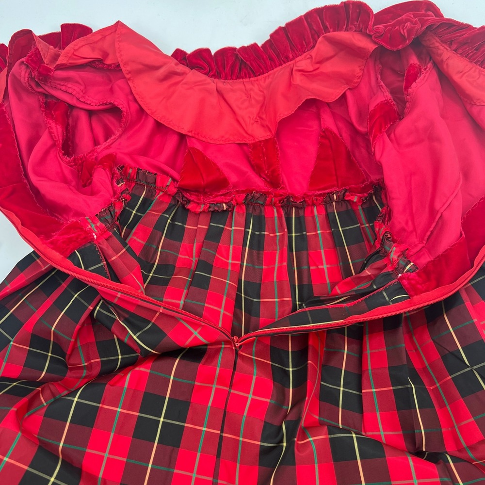 Vintage Regency Red Plaid Long Dress Velvet Bridgerton 70s Cottage Christmas - Picture 8 of 9